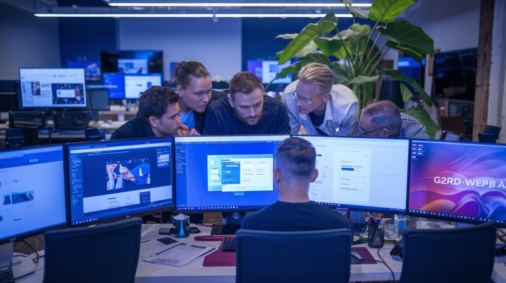 Équipe discutant devant ordinateurs dans un bureau moderne.