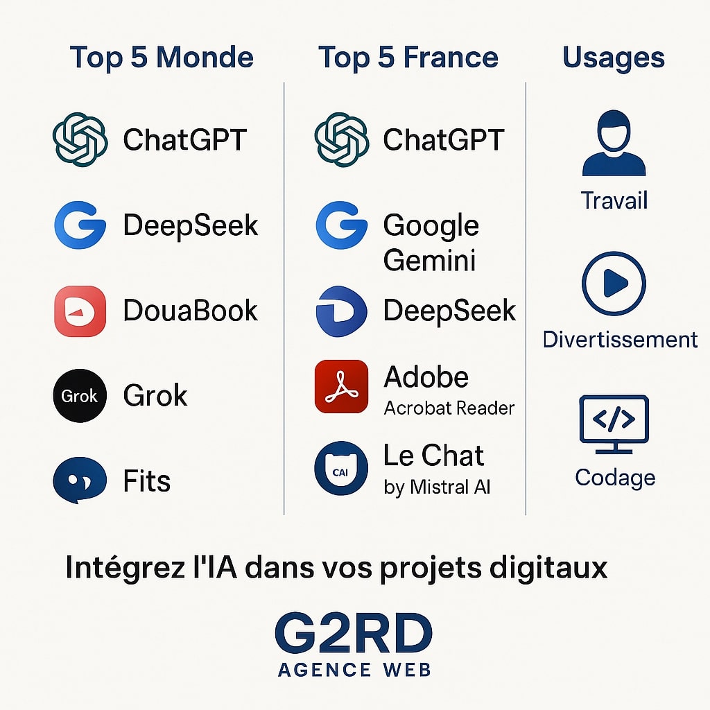 Les applications IA les plus populaires en France et dans le monde en 2025 avec G2RD 📱🌍