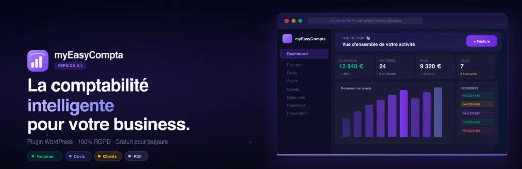 Interface myEasyCompta, tableau de bord comptable WordPress