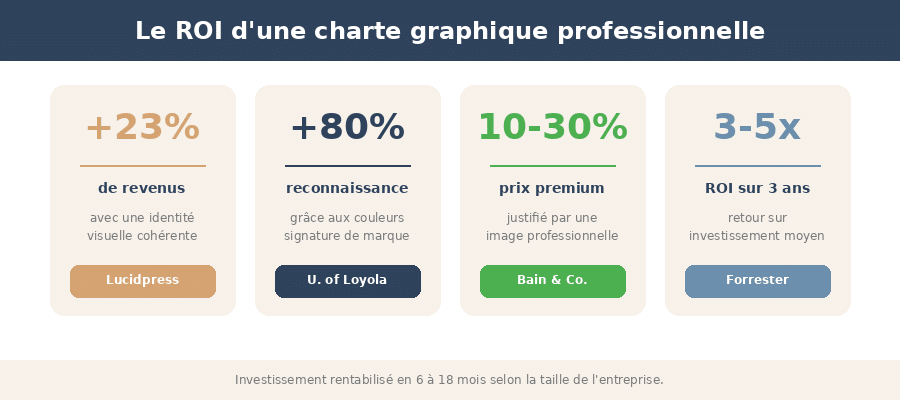 Infographie du ROI d'une charte graphique professionnelle : +23% revenus, +80% reconnaissance, 10-30% prix premium, 3-5x ROI sur 3 ans