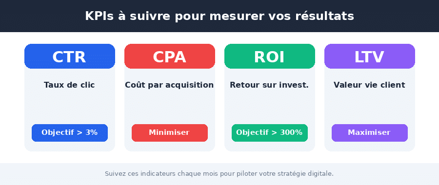 Principaux KPIs marketing : CTR, CPA, ROI, LTV