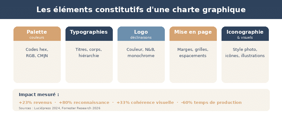 Infographie des 5 éléments constitutifs d'une charte graphique professionnelle : palette couleurs, typographies, logo, mise en page et iconographie