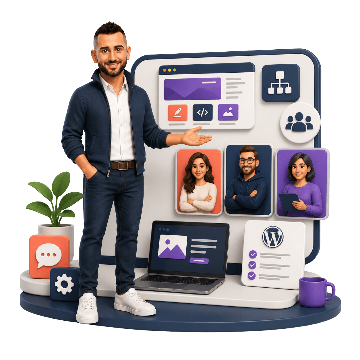 Illustration créateur site web présentant équipe WordPress