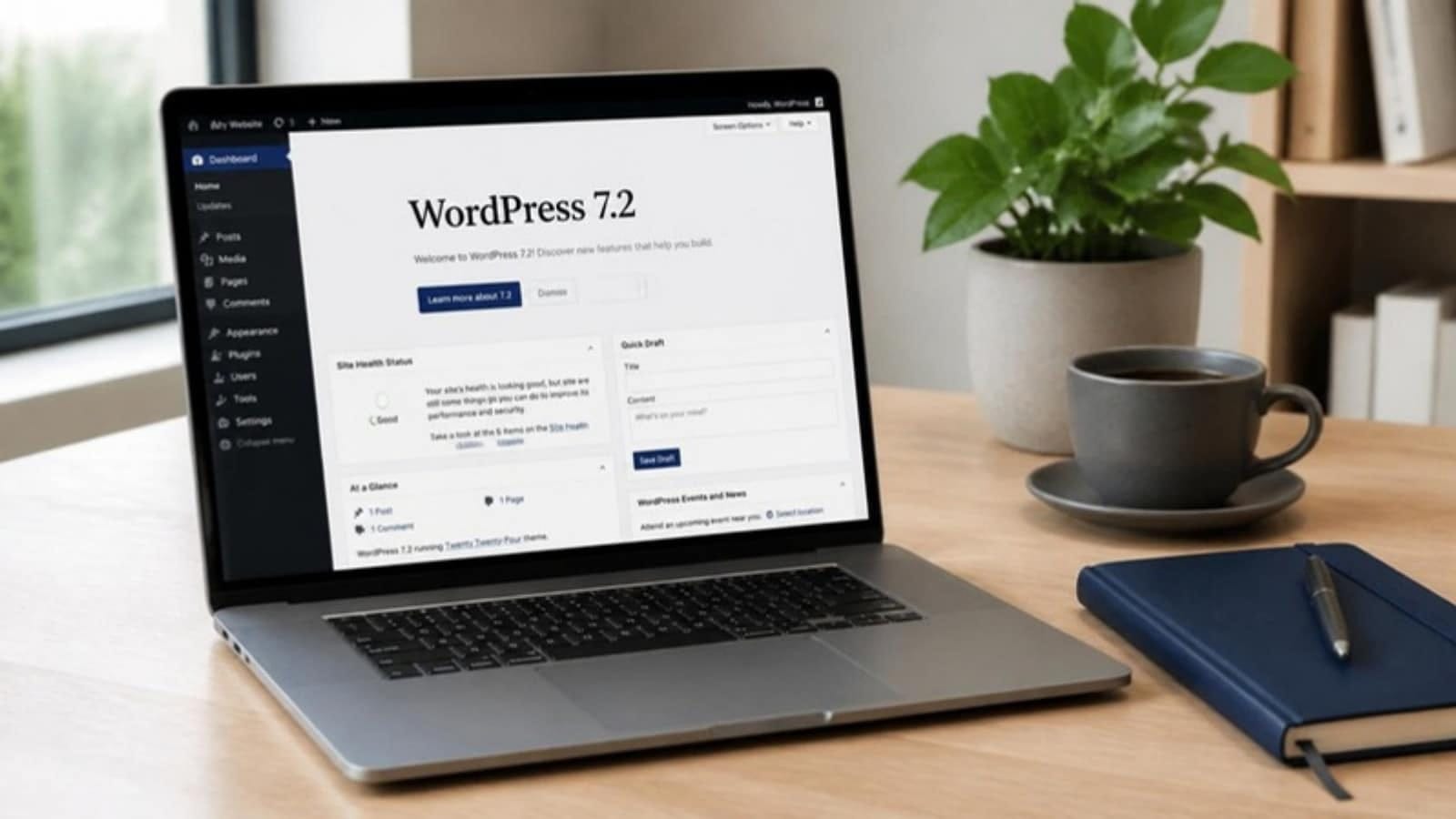 Ordinateur portable affichant le tableau de bord WordPress 7.2 sur un bureau