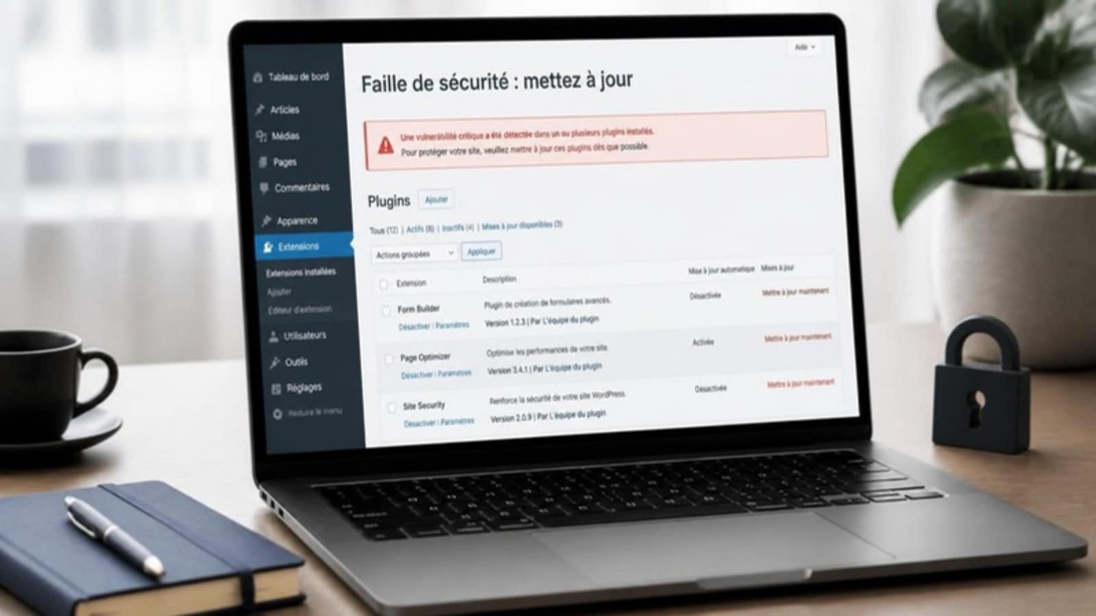 Alerte de faille Rank Math dans l'écran des extensions WordPress