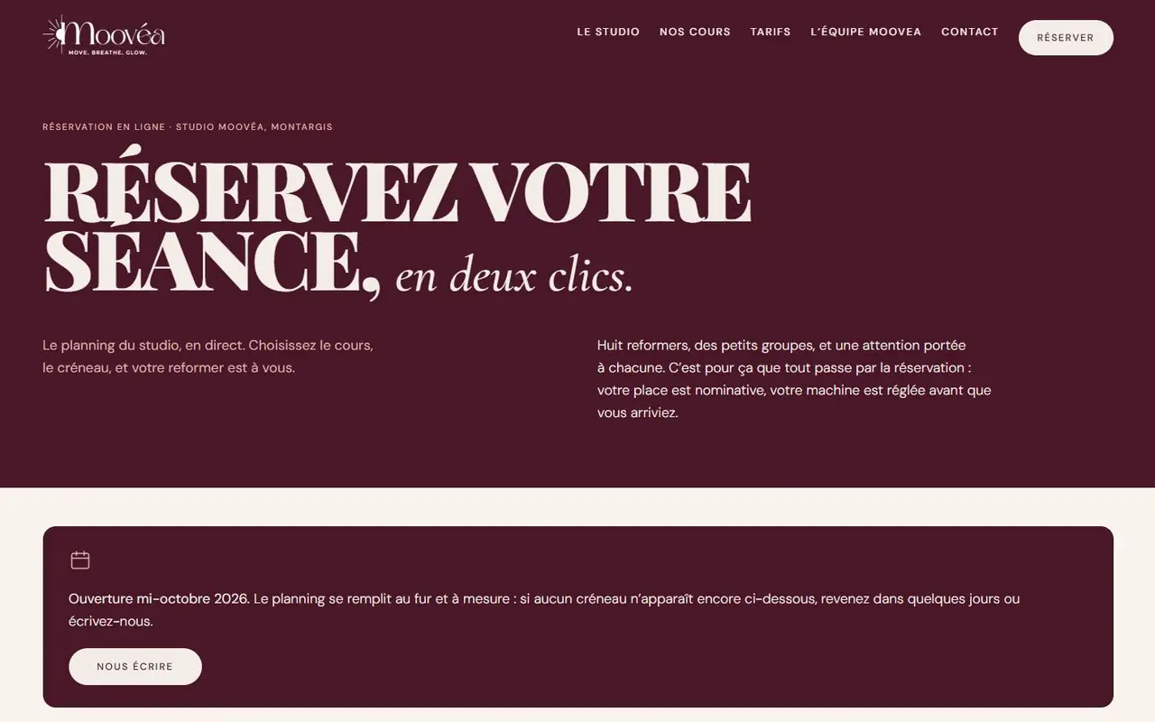 Page de réservation en ligne du studio de Pilates Moovéa