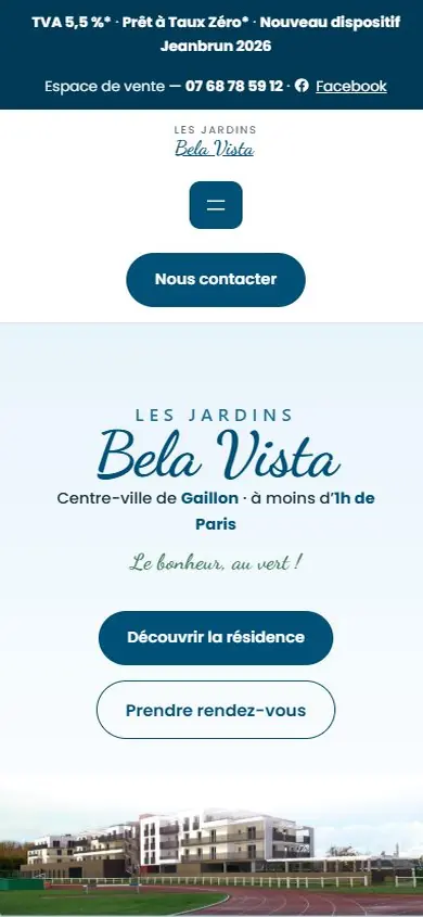 Version mobile du site Les Jardins Bela Vista avec les boutons de contact