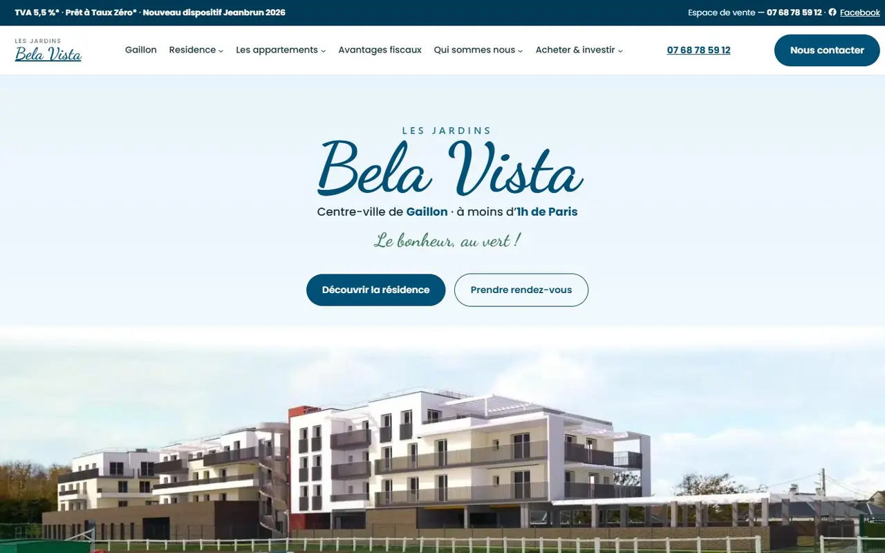 Page d'accueil du site WordPress Les Jardins Bela Vista, programme immobilier neuf à Gaillon