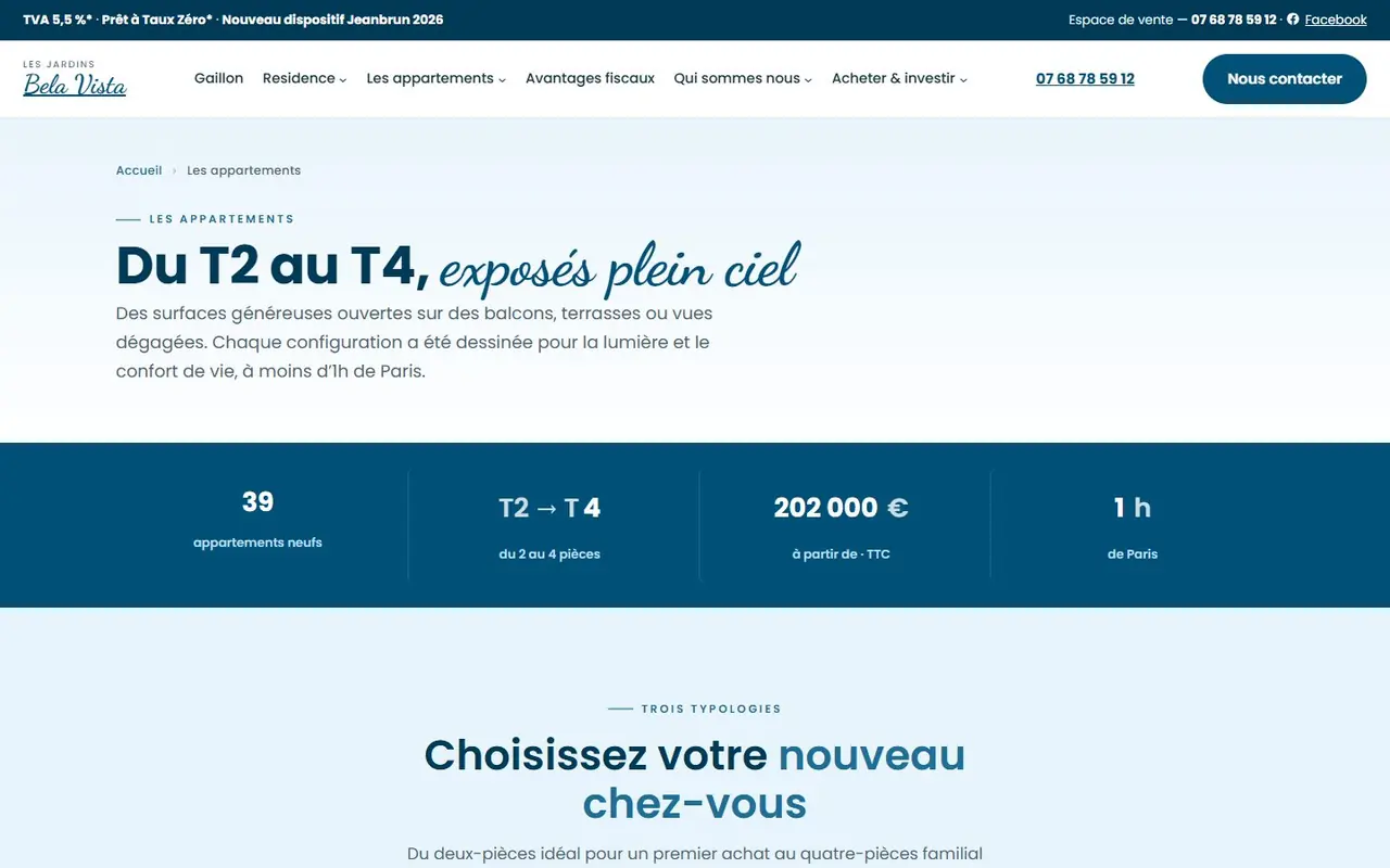 Page Les appartements du site Bela Vista avec les chiffres clés du programme