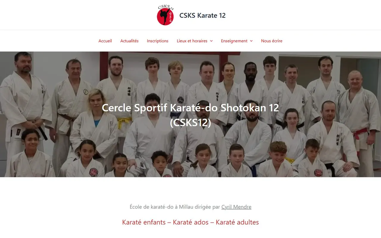 Page d'accueil du site WordPress du CSKS 12, club de karaté Shotokan à Millau