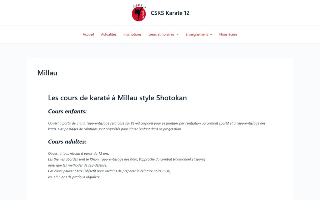 Page des cours et horaires de karaté à Millau sur le site du CSKS 12