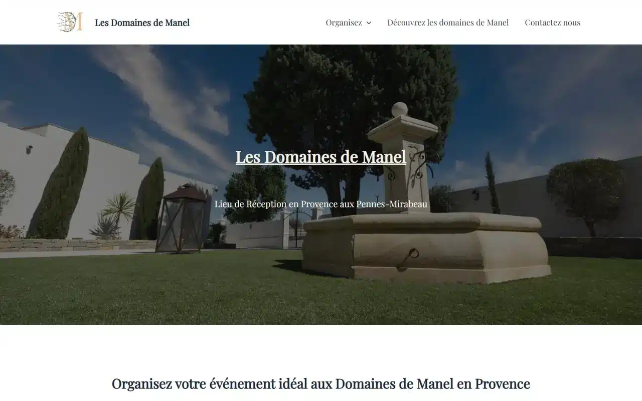 Page d'accueil du site WordPress Les Domaines de Manel, lieu de réception en Provence