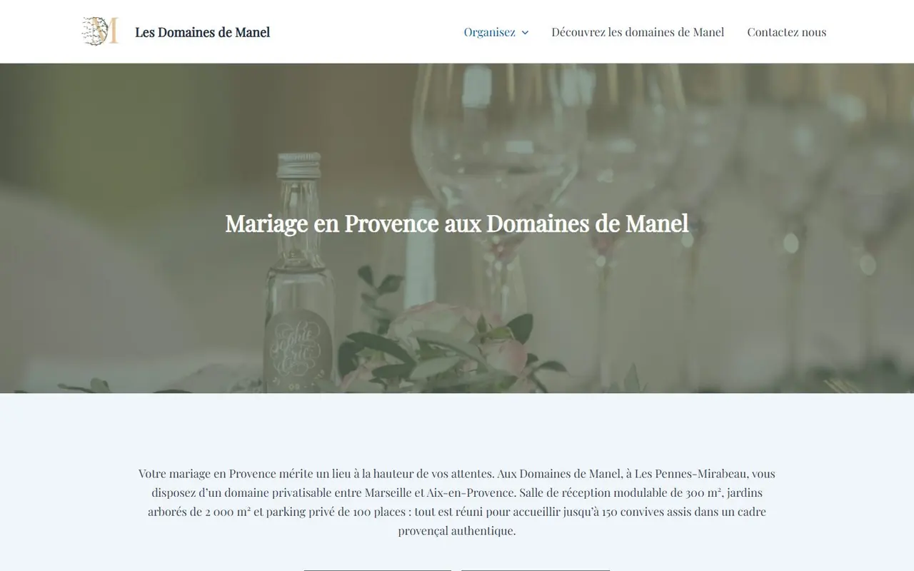 Page Mariage en Provence du site Les Domaines de Manel