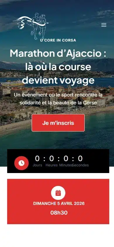 Version mobile du site du Marathon d'Ajaccio avec le compte à rebours et le bouton Je m'inscris